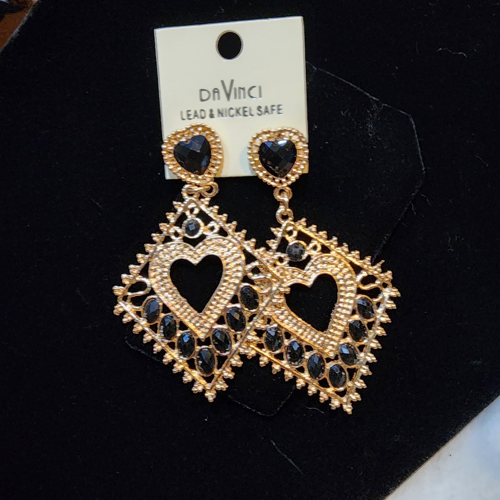 Davinci Large Gold Tone Diamond Shaped Dangle Black Onyx Hearts Earrings
